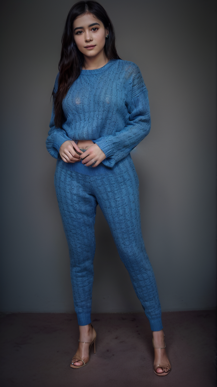 A Woman Posing for a Photo in a Blue Sweater and Pants